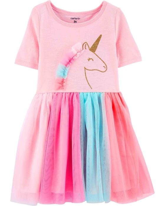 Kız Çocuk Unicorn Baskılı Kısa Kollu Elbise Pembe 192136930211 | Carter’s