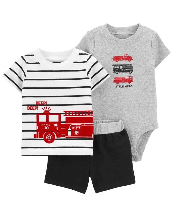 Erkek Bebek İtfaiye Arabası Baskılı Şort, Body ve Üst Set 3'lü Paket 194135056206 | Carter’s