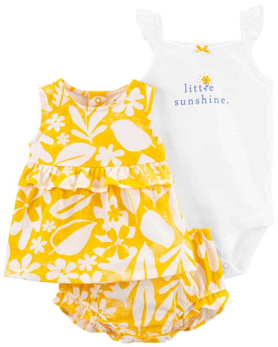 Kız Bebek Çiçekli Kolsuz Şort, Body ve Üst Set 3'lü Paket Sarı 194135015623 | Carter’s