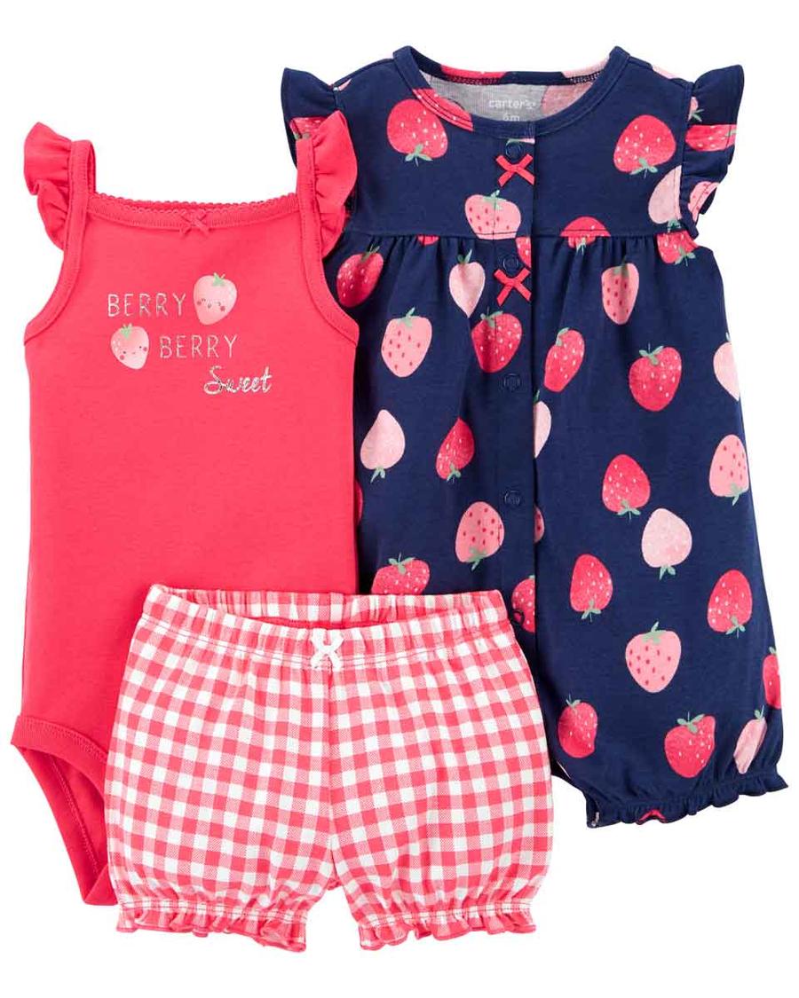 Kız Bebek Çilek Baskılı Şort, Body ve Kısa Tulum Set 3'lü Paket 194135096943 | Carter’s