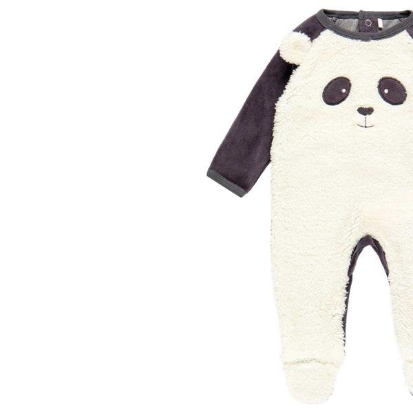  Bebek Uzun Kollu Patikli Peluş Tulum Panda Desenli Ekru