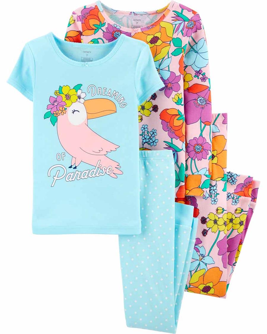  Kız Çocuk Çiçek Desenli Pijama 4'lü Paket