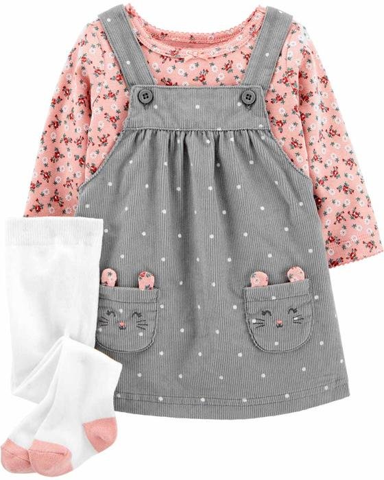 Kız Bebek Çiçek Desenli Uzun Kollu Elbiseli Set Gri 194133423857 | Carter’s