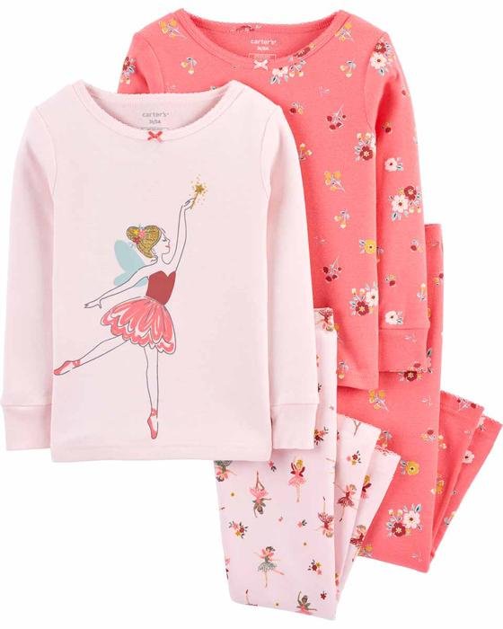 Kız Çocuk Balerin Desenli Uzun Kollu Pijama 4'lü Paket Pembe 194133530838 | Carter’s