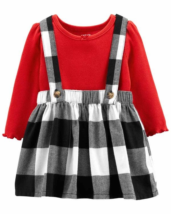  Kız Bebek Ekose Uzun Kollu Elbiseli Set 2'li Paket