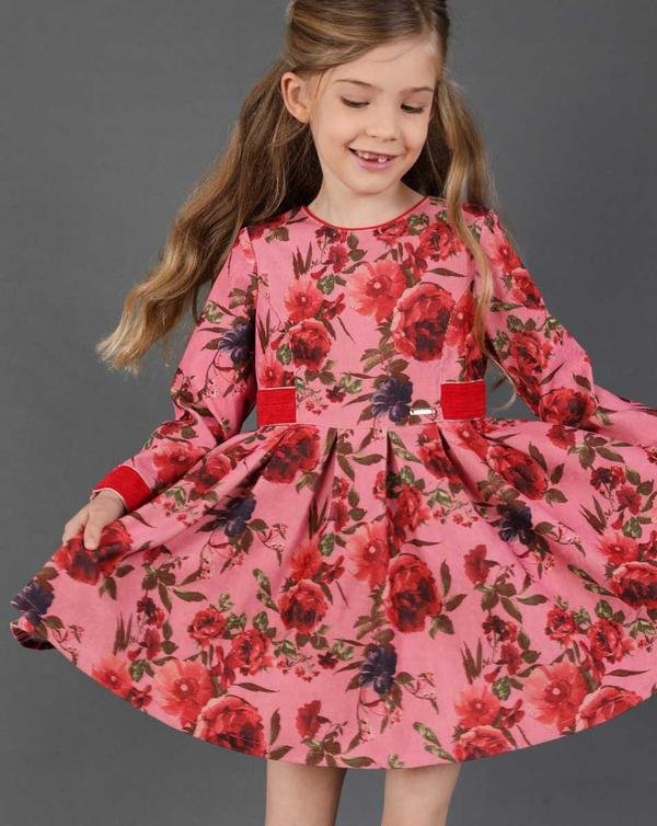  Kız Çocuk Çiçek Desenli Uzun Kollu Kadife Elbise