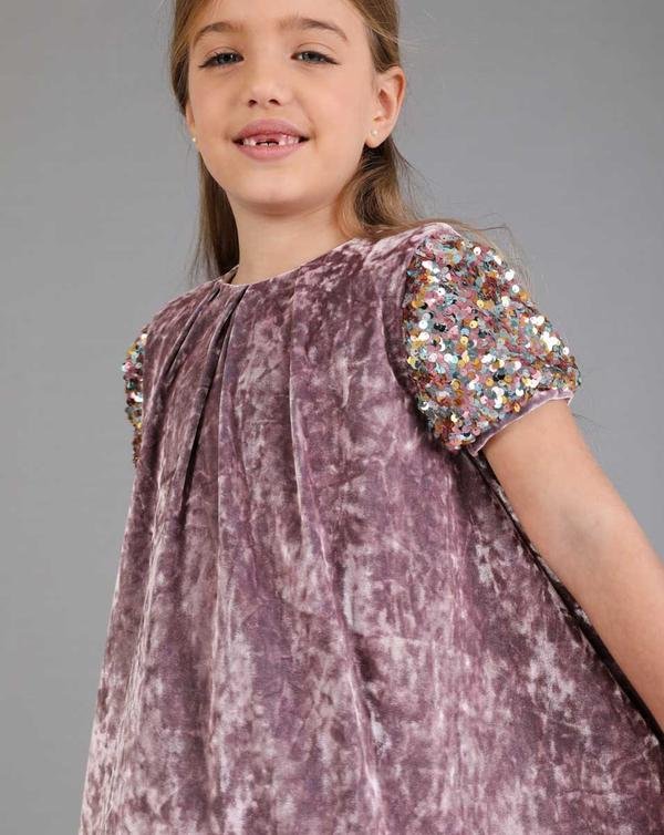  Kız Çocuk Kısa Kollu Kadife Elbise Pembe